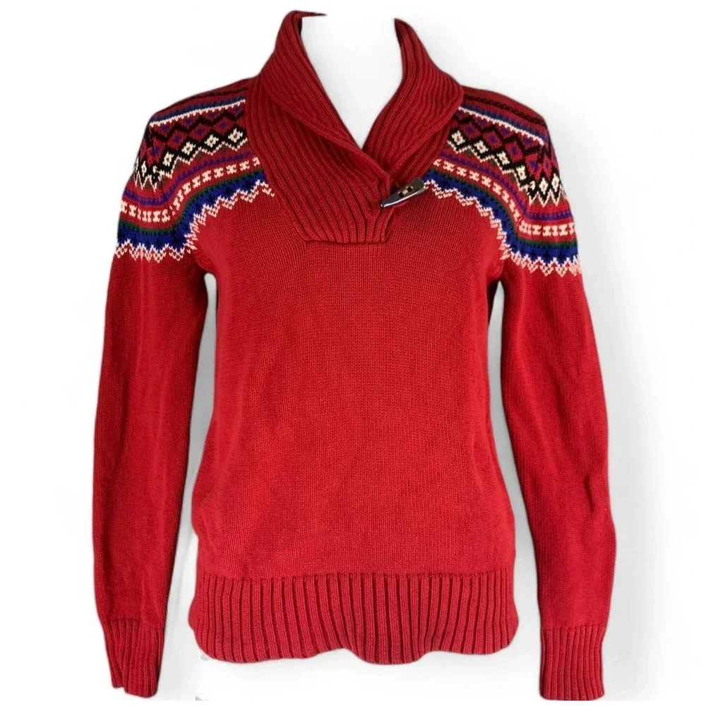 Lauren Ralph Lauren Red Fair Isle Shawl Neck Toggle Sweater L Cotton Mens